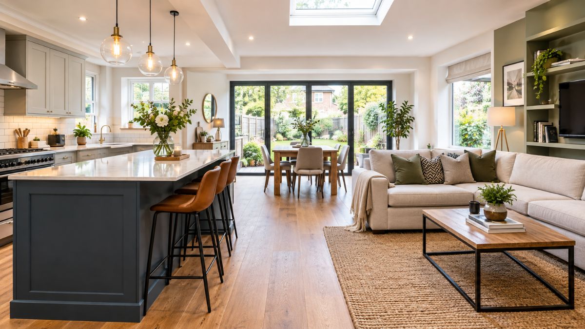 Homes for sale with a modern open-plan kitchen, dining area and spacious living room