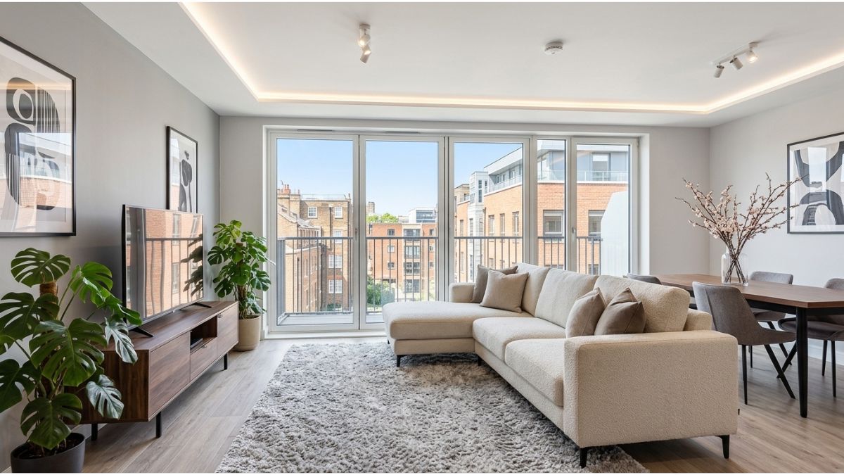 homes london rent Modern style ka ek London apartment jise rent par liya ja sakta hai. Isme ek open-plan living aur dining area hai jisme comfortable L-shaped beige sofa, ek media console, aur ek dining table rakhi hai.