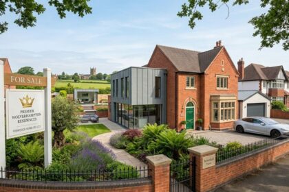 Modernized luxury detached house for sale in Wolverhampton featuring a spacious driveway, contemporary extension, and lawn garden with a For Sale sign.