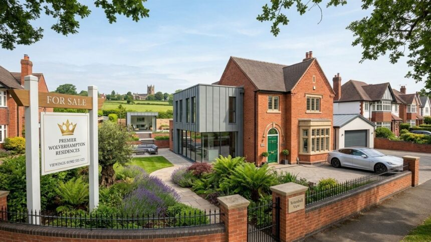 Modernized luxury detached house for sale in Wolverhampton featuring a spacious driveway, contemporary extension, and lawn garden with a For Sale sign.