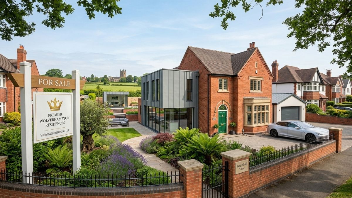 Modernized luxury detached house for sale in Wolverhampton featuring a spacious driveway, contemporary extension, and lawn garden with a For Sale sign.