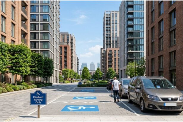 Disabled parking bays marked with blue wheelchair symbols and a sign outside modern residential apartment buildings at London Dock in Wapping by St George.