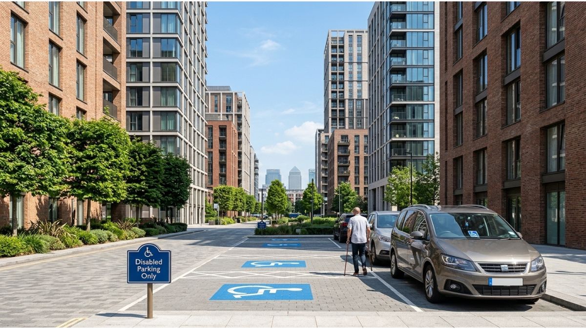 Disabled parking bays marked with blue wheelchair symbols and a sign outside modern residential apartment buildings at London Dock in Wapping by St George.