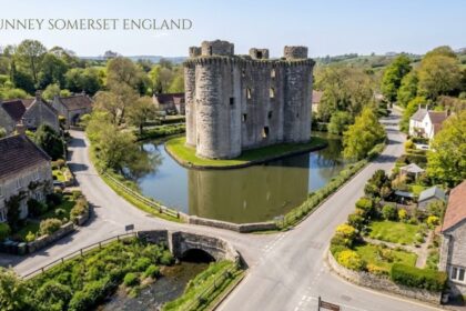 Nunney Somerset England, featuring a medieval stone castle surrounded by a moat, village houses, trees, and countryside.
