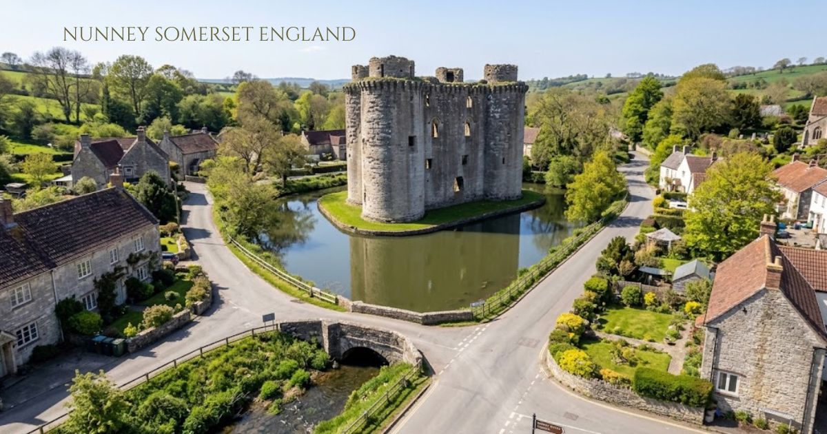 Nunney Somerset England, featuring a medieval stone castle surrounded by a moat, village houses, trees, and countryside.