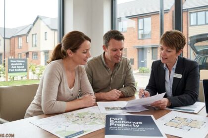 Couple sitting at a table discussing property documents with a housing advisor, with a "Part Exchange Property" brochure on the table and new-build homes visible through the window.