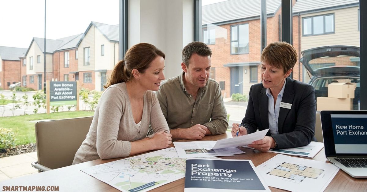 Couple sitting at a table discussing property documents with a housing advisor, with a "Part Exchange Property" brochure on the table and new-build homes visible through the window.