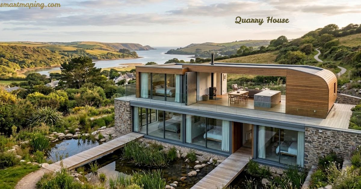 Modern quarry house with a landscaped stone exterior and coastal views