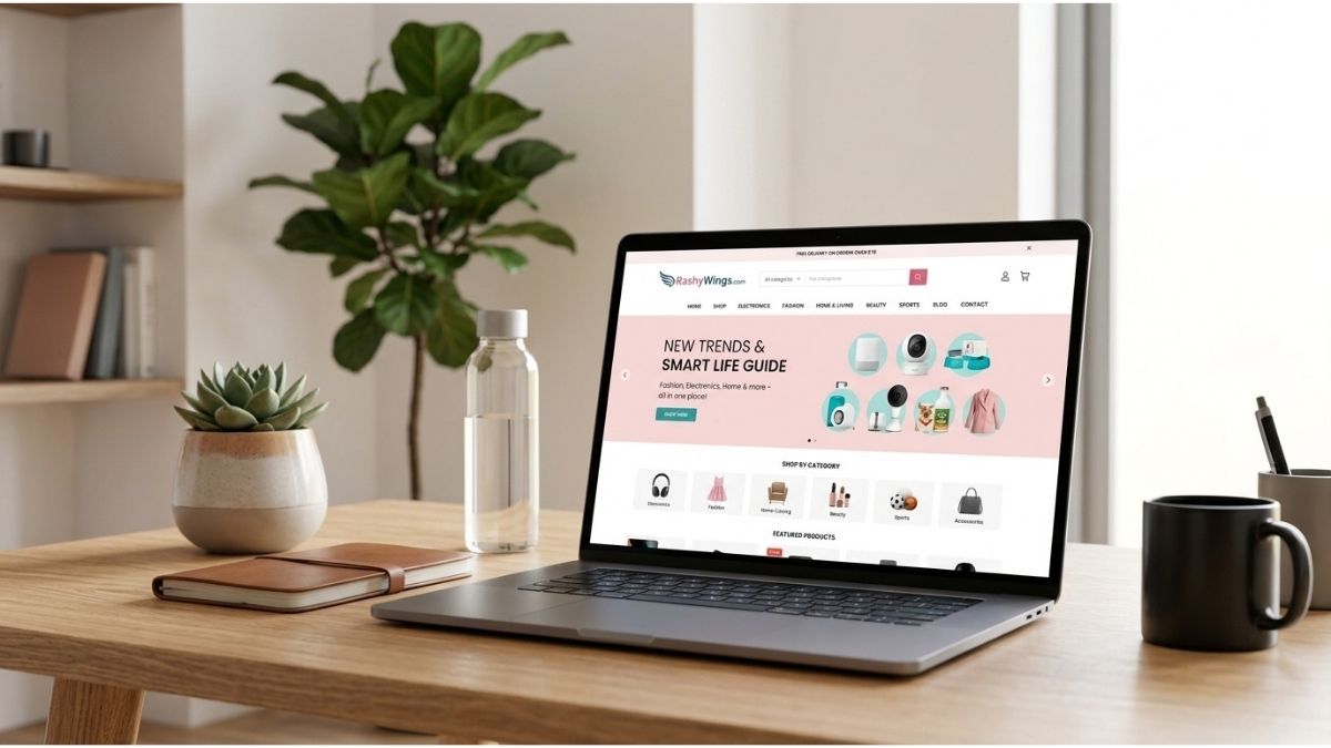 RashyWings.com homepage displaying shopping categories and lifestyle products on a laptop screen