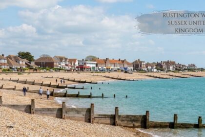 Rustington West Sussex United Kingdom coastline with pebble beach and wooden groynes