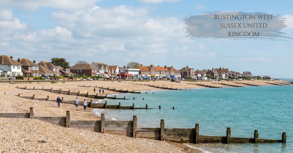 Rustington West Sussex United Kingdom coastline with pebble beach and wooden groynes