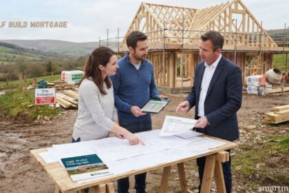 Self build mortgage consultation at a rural home construction site, with a couple reviewing building plans with a mortgage adviser.