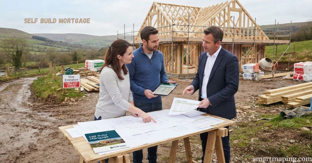 Self build mortgage consultation at a rural home construction site, with a couple reviewing building plans with a mortgage adviser.