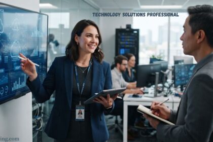 Technology solutions professional discussing digital systems and data analytics with a colleague in a modern office.