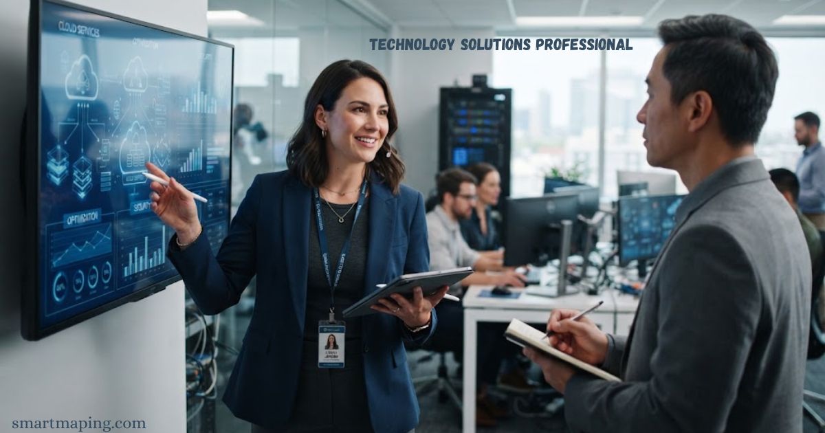 Technology solutions professional discussing digital systems and data analytics with a colleague in a modern office.