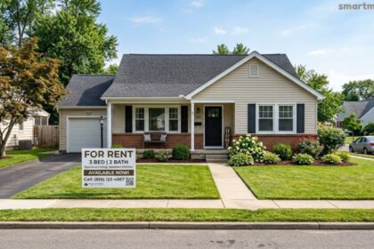 3 bed 2 bath house for rent with a spacious lawn, attached garage, and a front yard rental sign.