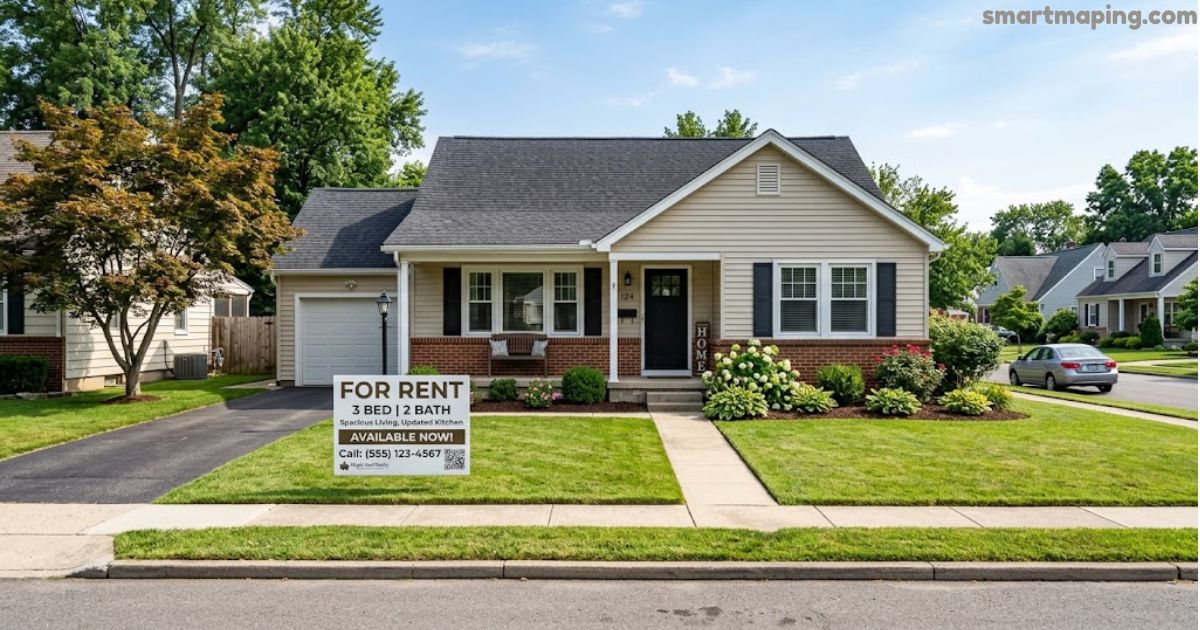 3 bed 2 bath house for rent with a spacious lawn, attached garage, and a front yard rental sign.