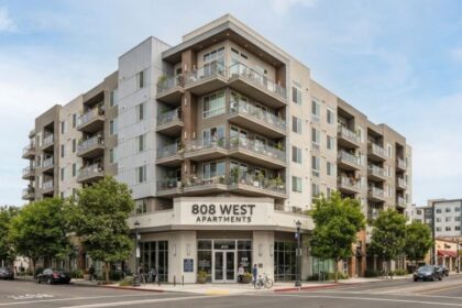 Exterior view of 808 West Apartments, a modern 6-story residential building in San Jose.