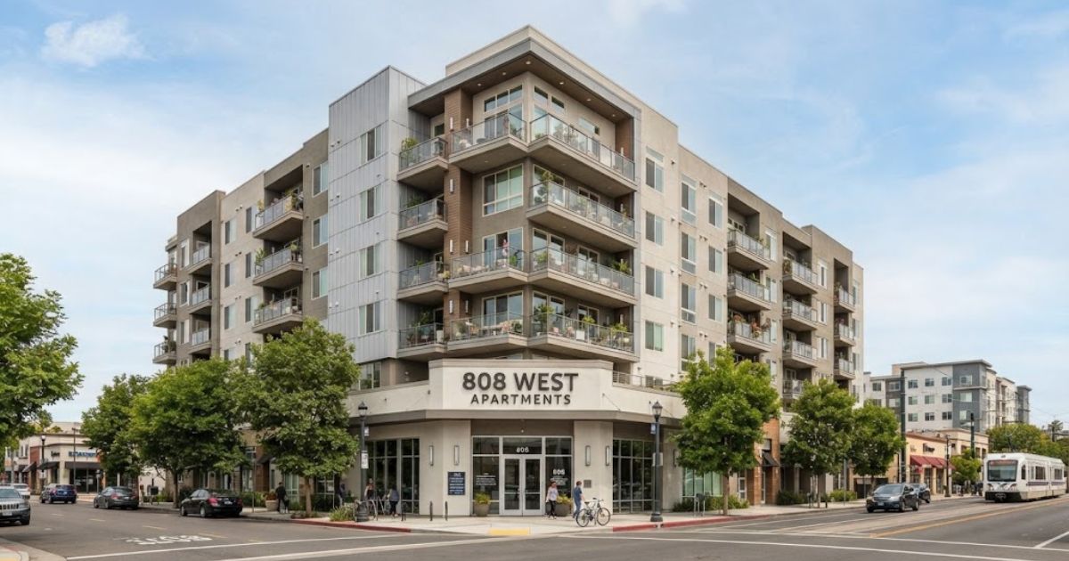 Exterior view of 808 West Apartments, a modern 6-story residential building in San Jose.