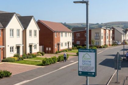 A clean, modern neighbourhood street showcasing newly built homes with landscaped front gardens, featuring a prominent Devon Home Choice community sign alongside a paved road.