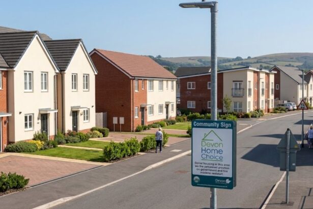 A clean, modern neighbourhood street showcasing newly built homes with landscaped front gardens, featuring a prominent Devon Home Choice community sign alongside a paved road.