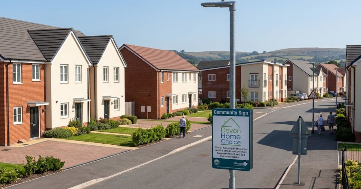 A clean, modern neighbourhood street showcasing newly built homes with landscaped front gardens, featuring a prominent Devon Home Choice community sign alongside a paved road.