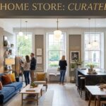 give Alt Text of this picture my keyword is Dream Home Store Dream Home Store showcasing a stylish modern living space with elegant furniture, home décor, a blue sofa, and a contemporary kitchen.