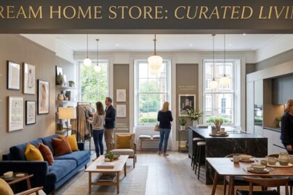 give Alt Text of this picture my keyword is Dream Home Store Dream Home Store showcasing a stylish modern living space with elegant furniture, home décor, a blue sofa, and a contemporary kitchen.