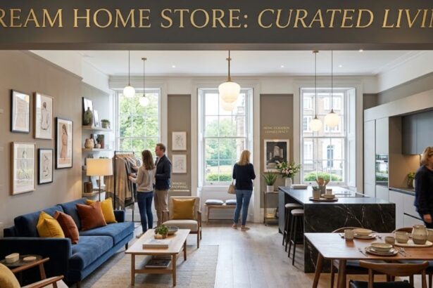 give Alt Text of this picture my keyword is Dream Home Store Dream Home Store showcasing a stylish modern living space with elegant furniture, home décor, a blue sofa, and a contemporary kitchen.
