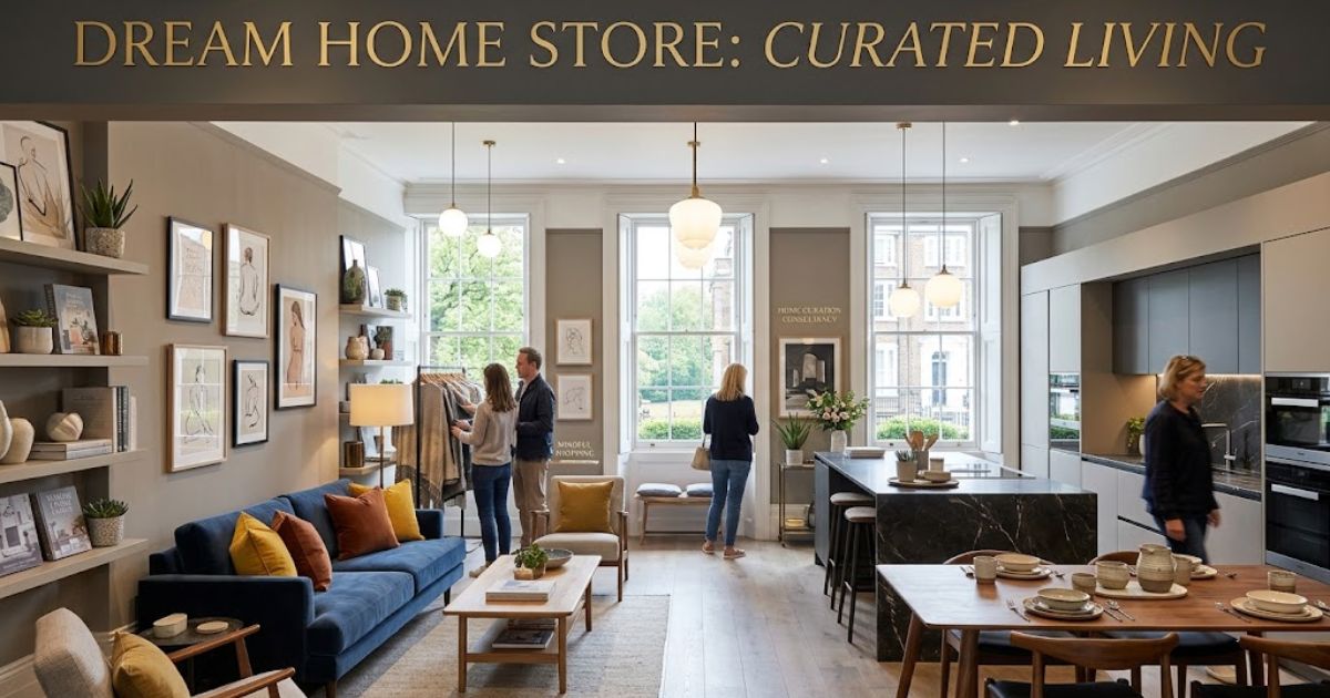 give Alt Text of this picture my keyword is Dream Home Store Dream Home Store showcasing a stylish modern living space with elegant furniture, home décor, a blue sofa, and a contemporary kitchen.