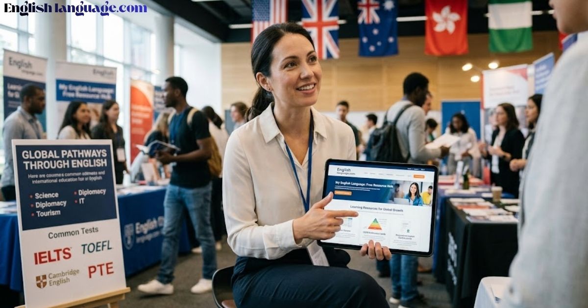 A woman pointing at a tablet displaying English language.com at an international education fair