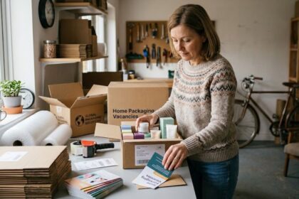 Woman packing products into cardboard boxes while exploring Home Packing Vacancies and home-based packaging work opportunities
