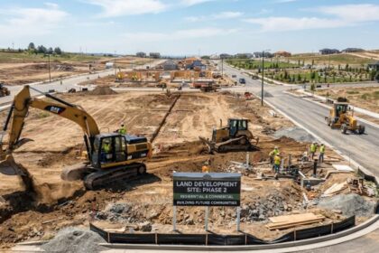 "Active land development site with excavators, construction workers, and newly paved roads."