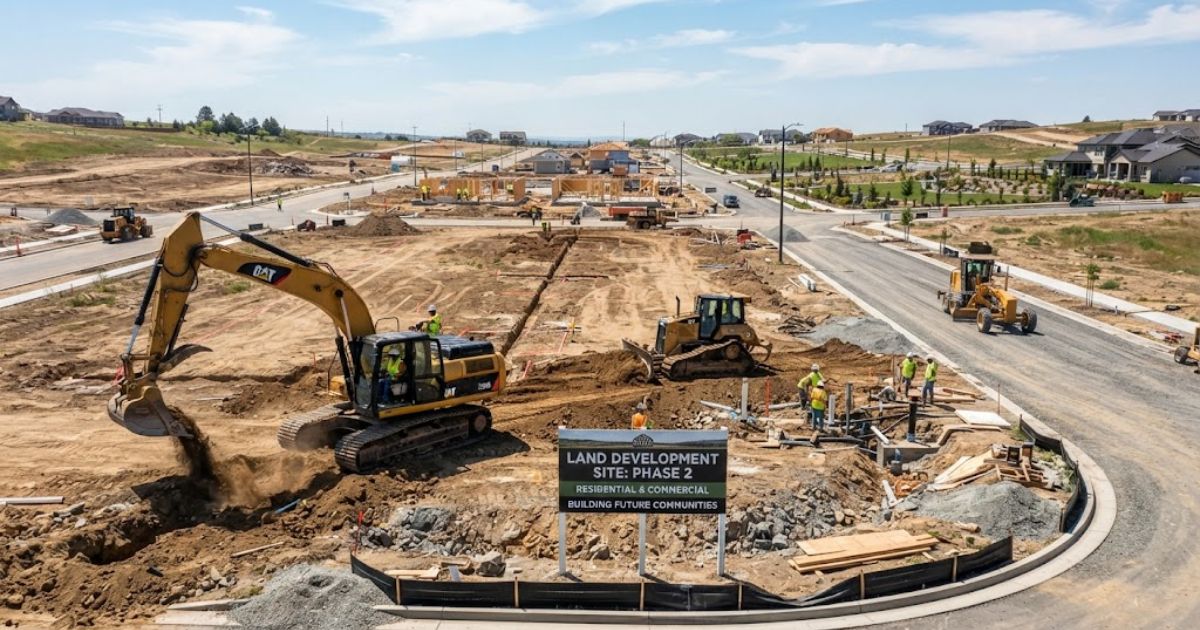 "Active land development site with excavators, construction workers, and newly paved roads."