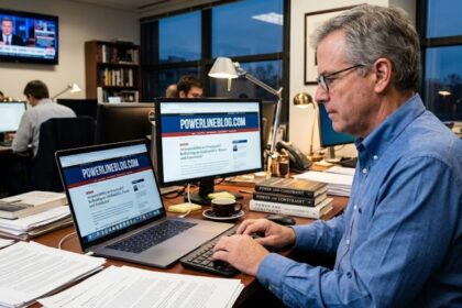 A professional working on powerlineblog.com at a desk with laptops, documents, and computer monitors in a busy office.