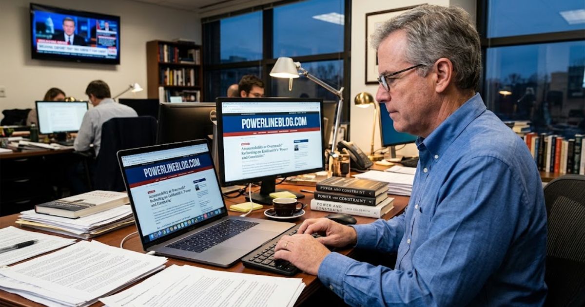 A professional working on powerlineblog.com at a desk with laptops, documents, and computer monitors in a busy office.