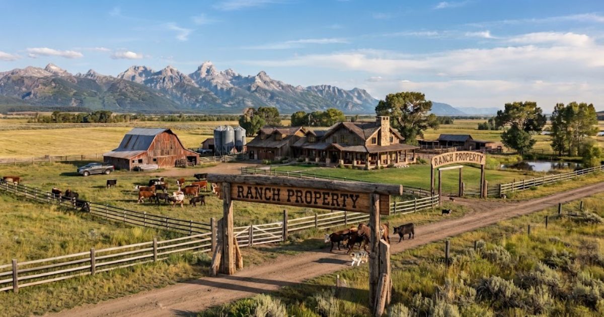 An aerial landscape view of a scenic ranch property with cattle grazing in lush green pastures, rustic wooden barns, a stone ranch house, and majestic mountain peaks in the background under a clear sky.