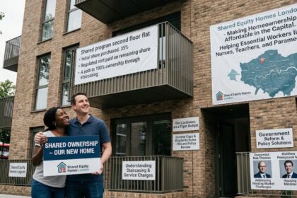 "Couple celebrating buying a new home through Shared Equity Homes London outside a modern residential building."