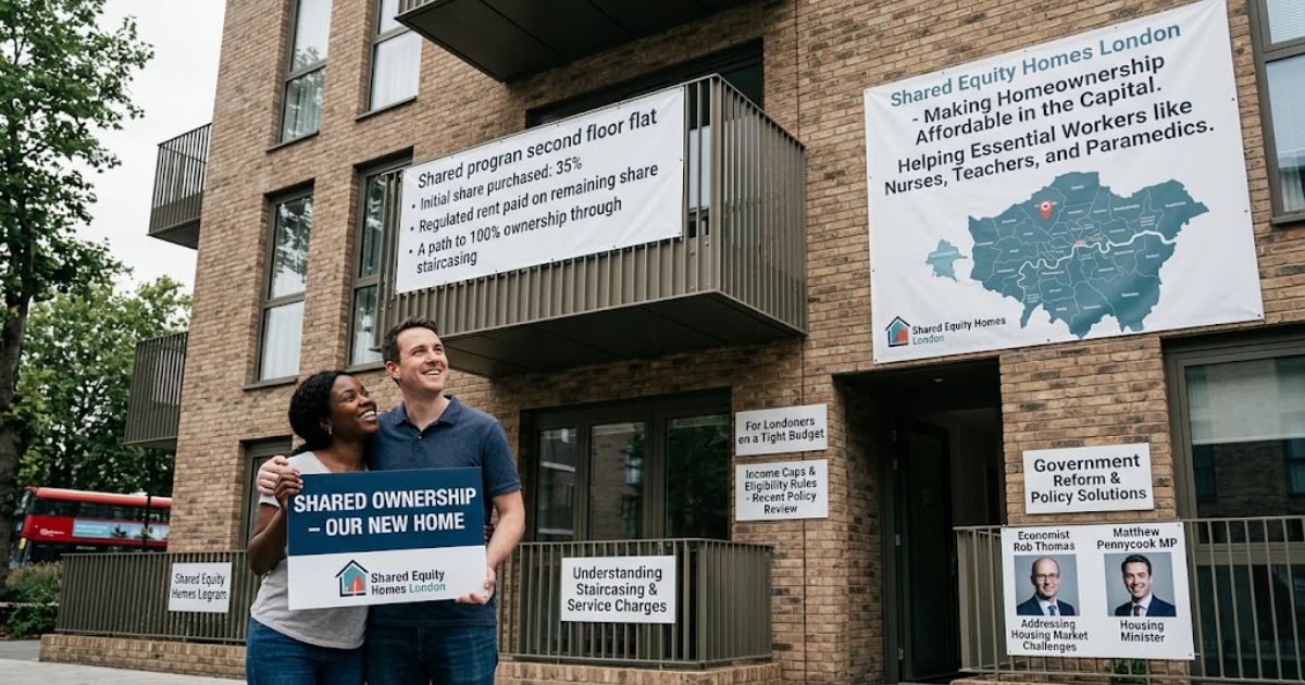 "Couple celebrating buying a new home through Shared Equity Homes London outside a modern residential building."