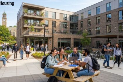 A modern student housing complex with university students sitting at outdoor study tables and walking along paved campus pathways.