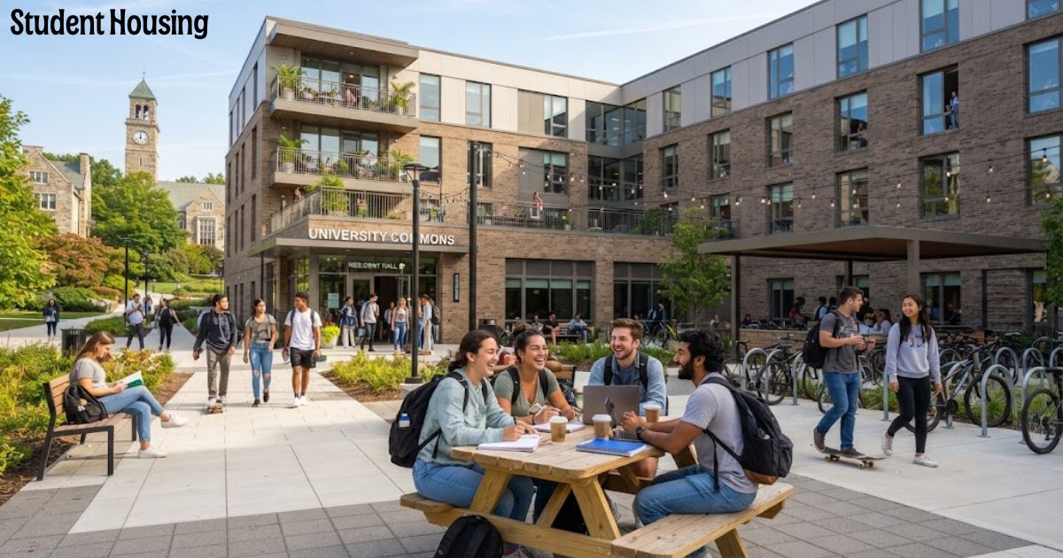 A modern student housing complex with university students sitting at outdoor study tables and walking along paved campus pathways.
