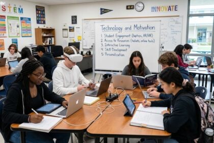 Students using laptops and VR technology in a classroom during a Technology and Motivation lesson.