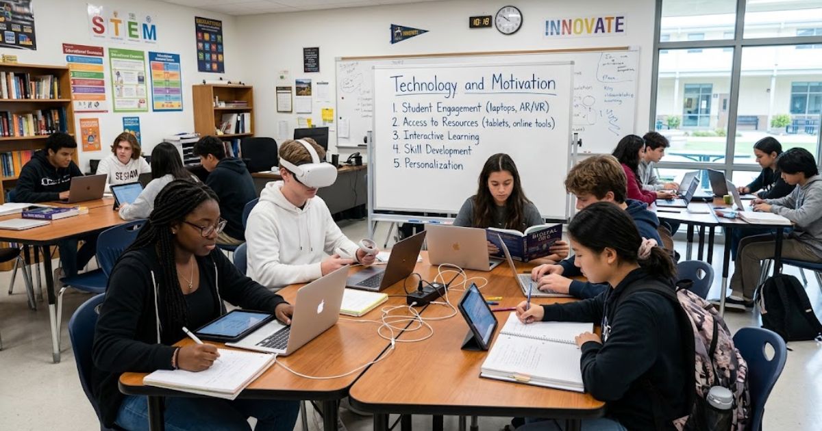 Students using laptops and VR technology in a classroom during a Technology and Motivation lesson.