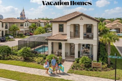 A realistic drone photo of a modern luxury resort home featuring a private screened pool enclosure, lush palm trees, and a sign displaying the text Vacation Homes."