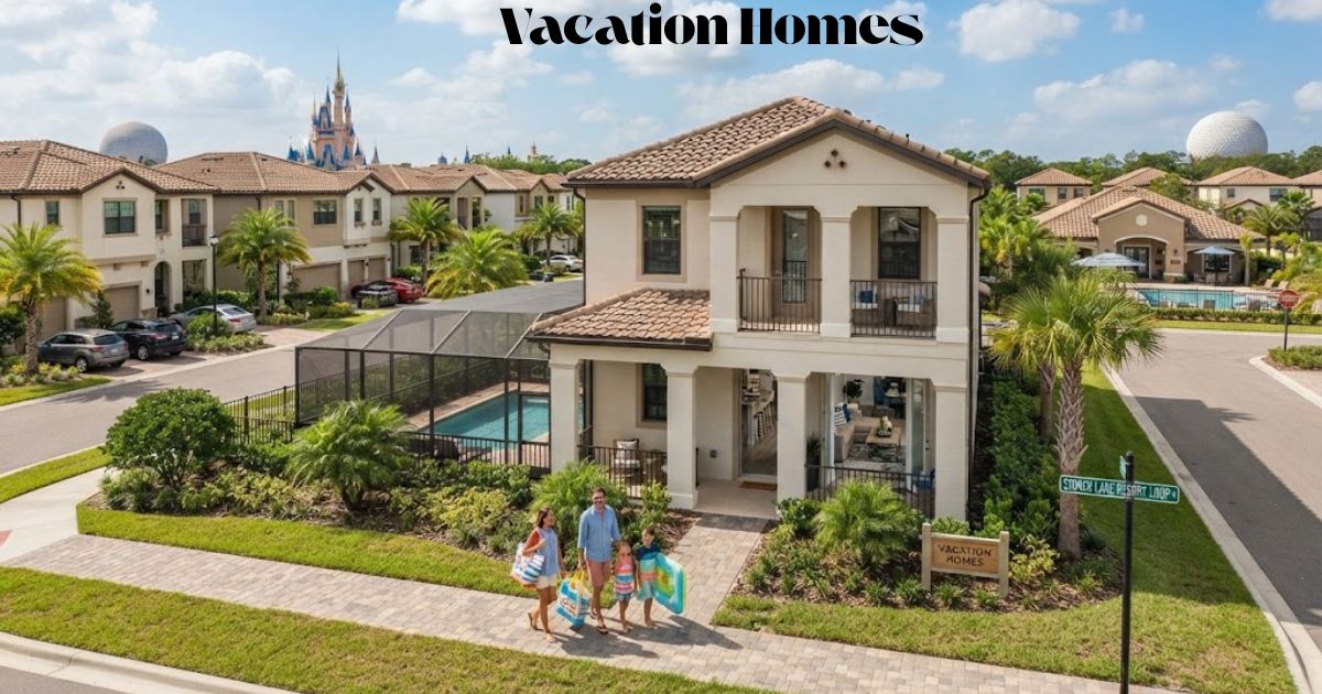 A realistic drone photo of a modern luxury resort home featuring a private screened pool enclosure, lush palm trees, and a sign displaying the text Vacation Homes."
