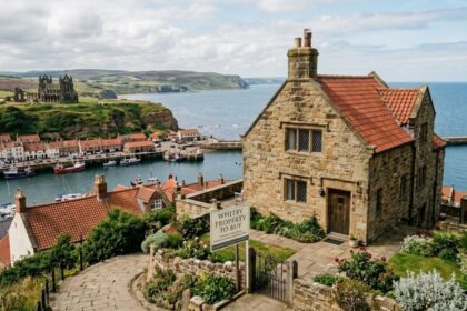 Whitby property to buy featuring a traditional stone cottage overlooking the harbour, coastline, and historic Whitby Abbey.