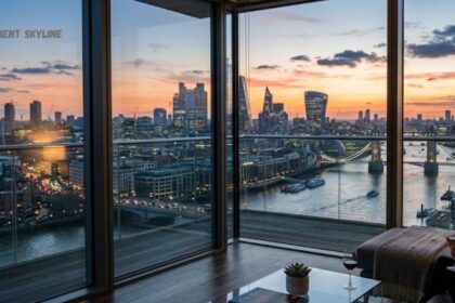 Modern apartment skyline overlooking London’s River Thames, Tower Bridge, and illuminated skyscrapers at dusk.