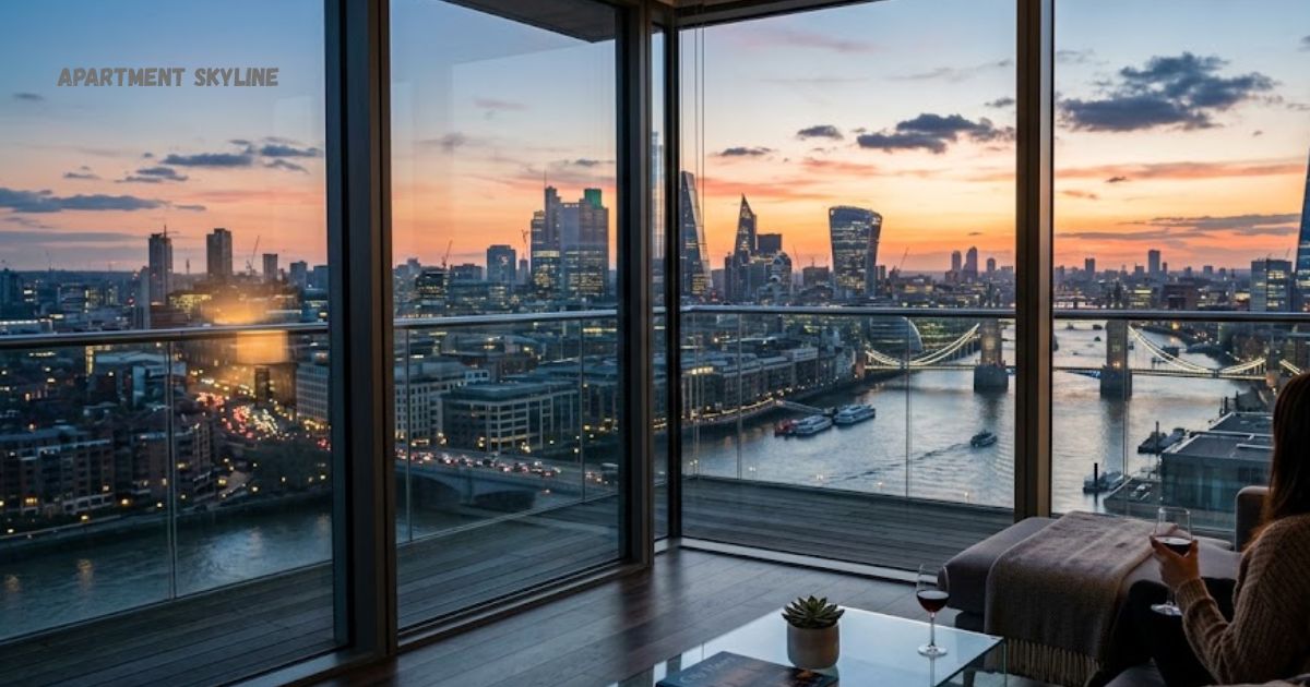 Modern apartment skyline overlooking London’s River Thames, Tower Bridge, and illuminated skyscrapers at dusk.