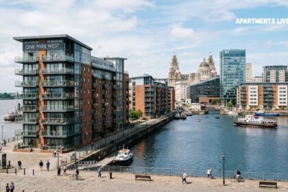 Apartments Liverpool waterfront overlooking the River Mersey, featuring modern waterfront apartments, One Park West, and the iconic Liverpool waterfront skyline.