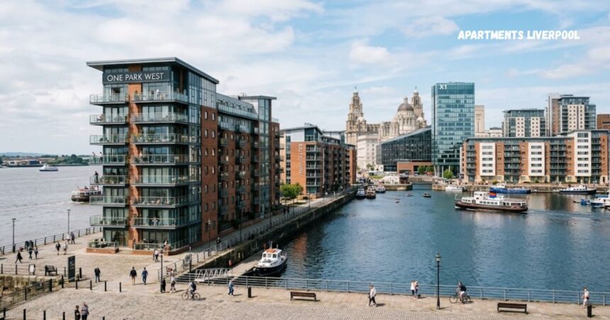 Apartments Liverpool waterfront overlooking the River Mersey, featuring modern waterfront apartments, One Park West, and the iconic Liverpool waterfront skyline.